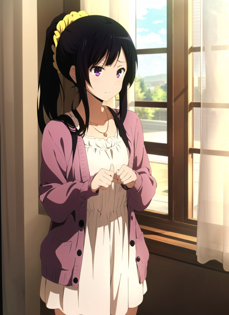 3978529054-780269754-hyouka , masterpiece, best quality,  1girl, solo, long hair, purple eyes, black hair, ponytail, jewelry, necklace, window, curta.png
